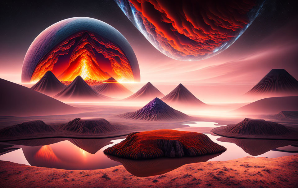 Surreal volcanic landscape with conical mountains and glowing lava river