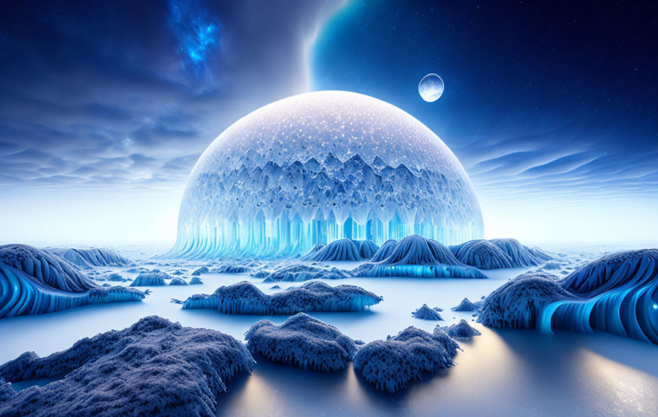 Surreal icy landscape with glowing dome under starry sky