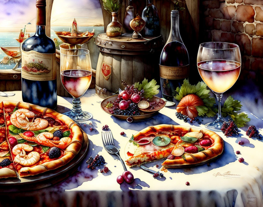 Table with pizza, wine, grapes, wine bottle, barrel, and fruit bowl near sunny window