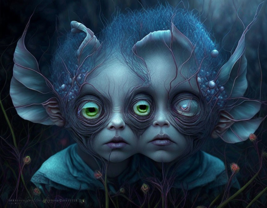 Fantastical image: Two humanoid creatures with green eyes and blue skin in dark, moody flora