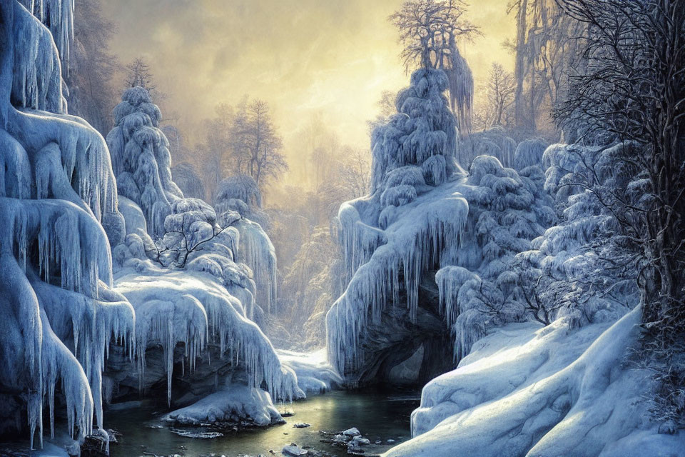 Frozen forest with icicles, snow-covered ground, and a small river in serene winter scene