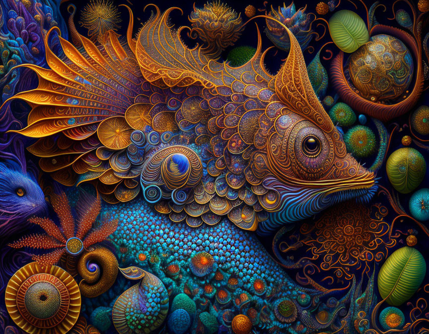 Colorful ornate fish swimming among vibrant marine life and flora.