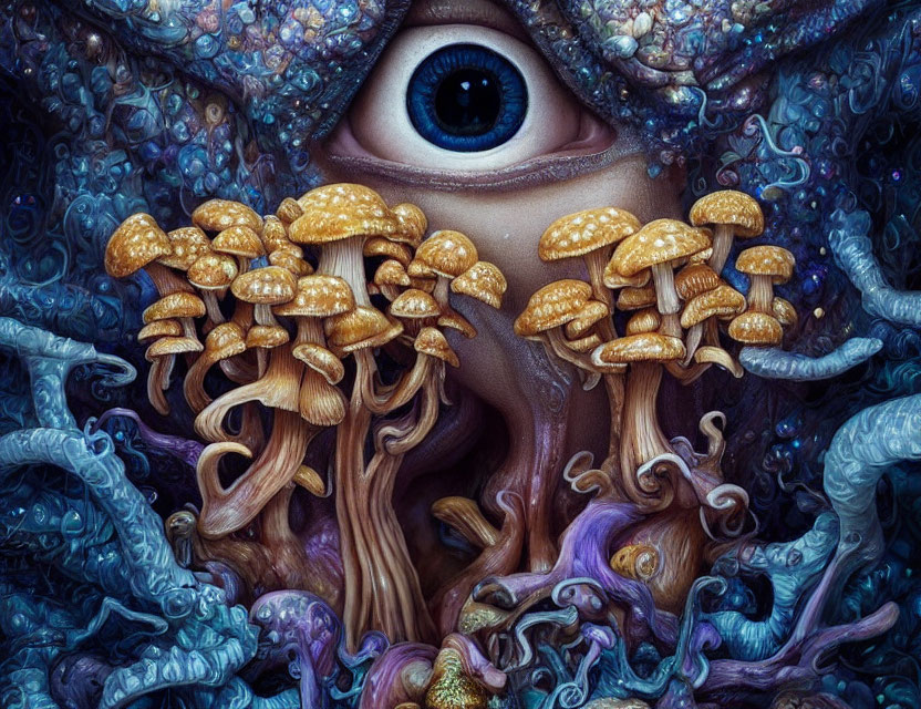 Surreal image with human eye, mushrooms, roots, and swirling patterns