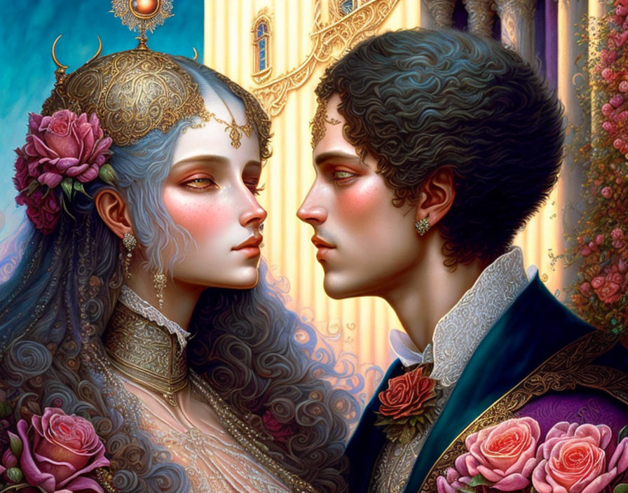 Ethereal woman and man in intricate clothing against ornate backdrop