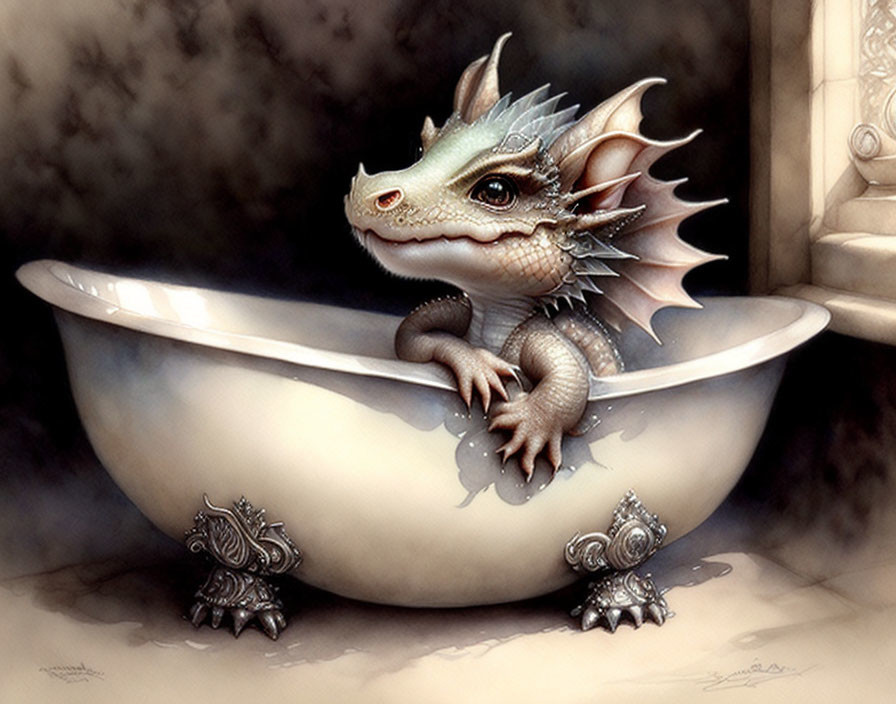 Cartoon Dragon in Vintage Bathtub Scene