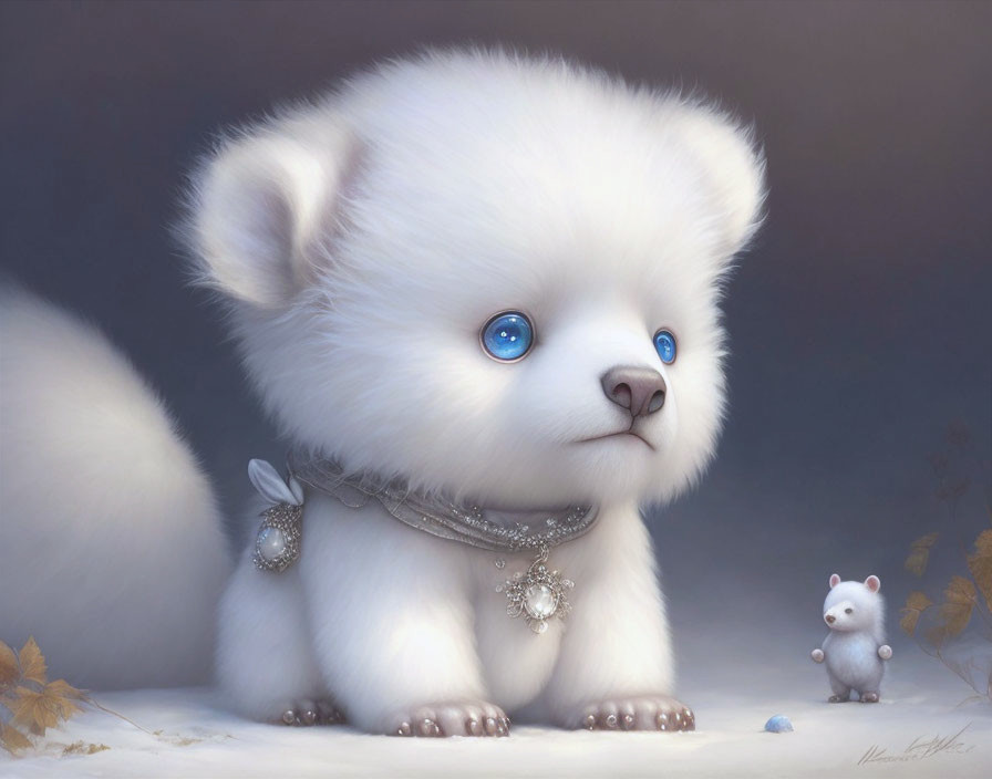 Fluffy white creature with blue eyes and jeweled collar beside a tiny mouse