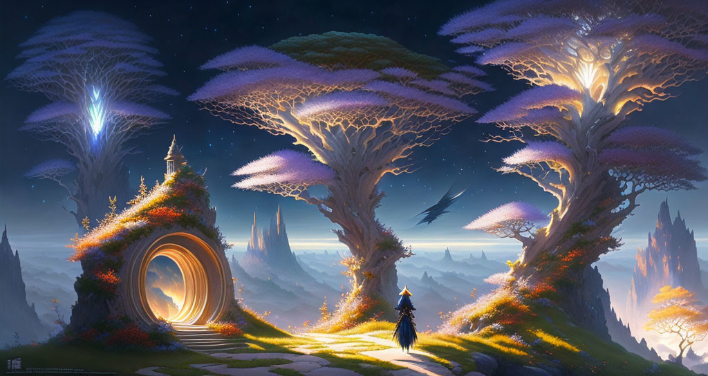 Mystical landscape with giant luminous trees and glowing portal