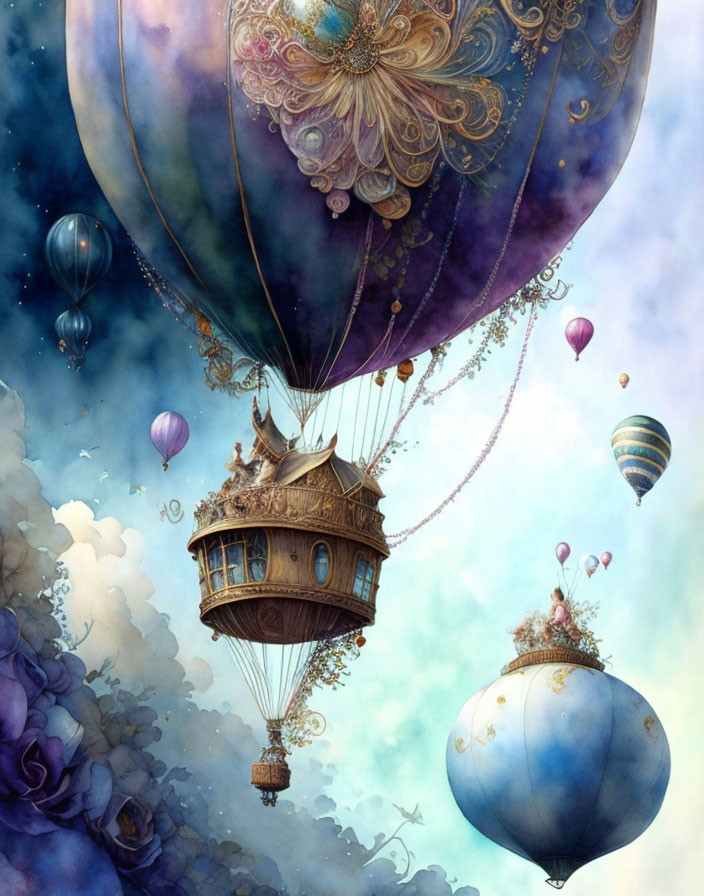 Ornate hot air balloons in dreamy blue sky