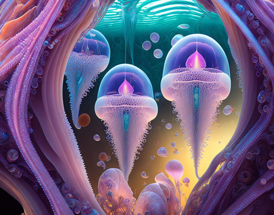 Bioluminescent jellyfish digital art in underwater scene