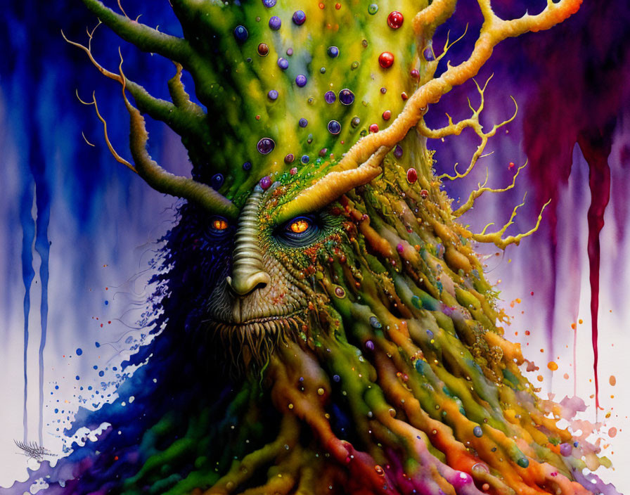 Vibrant surreal tree painting with face and gem-like objects