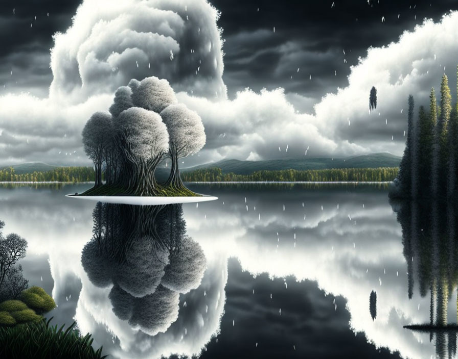 Surreal floating island landscape with reflective lake, stormy sky, and falling rain