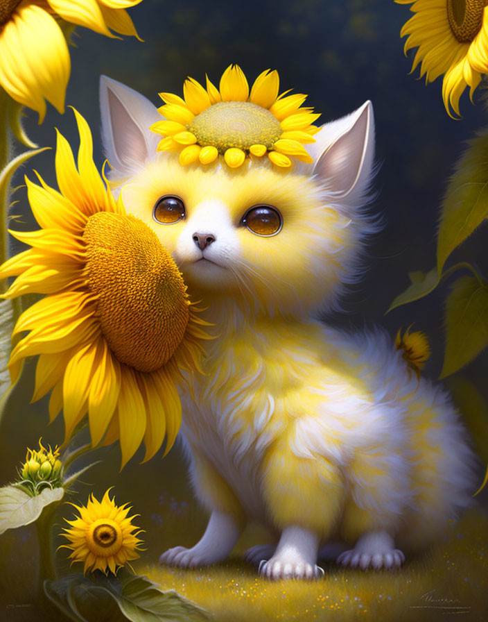 Fluffy yellow kitten with sunflower crown among towering sunflowers