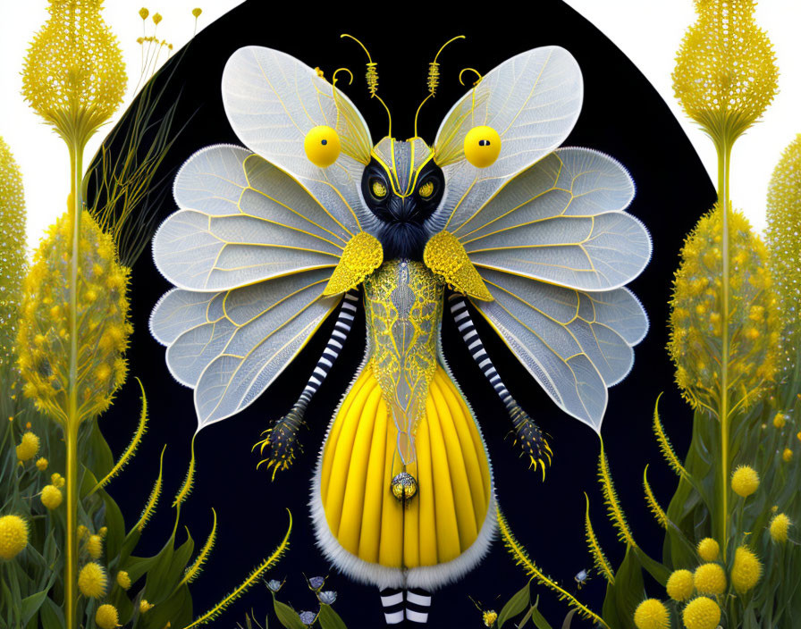 Fantastical bee illustration with intricate wings and human-like eyes in yellow flower setting