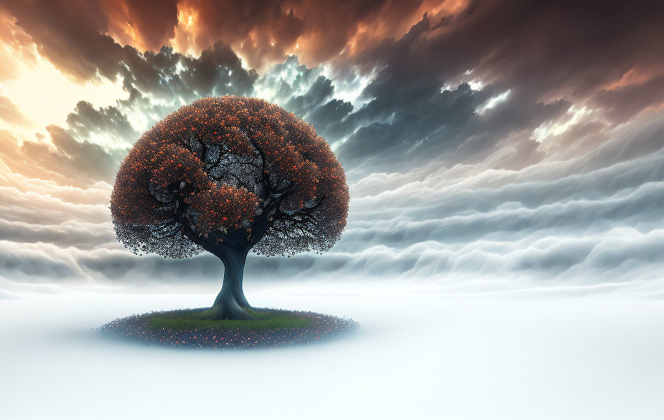 Solitary tree with orange canopy in surreal foggy landscape