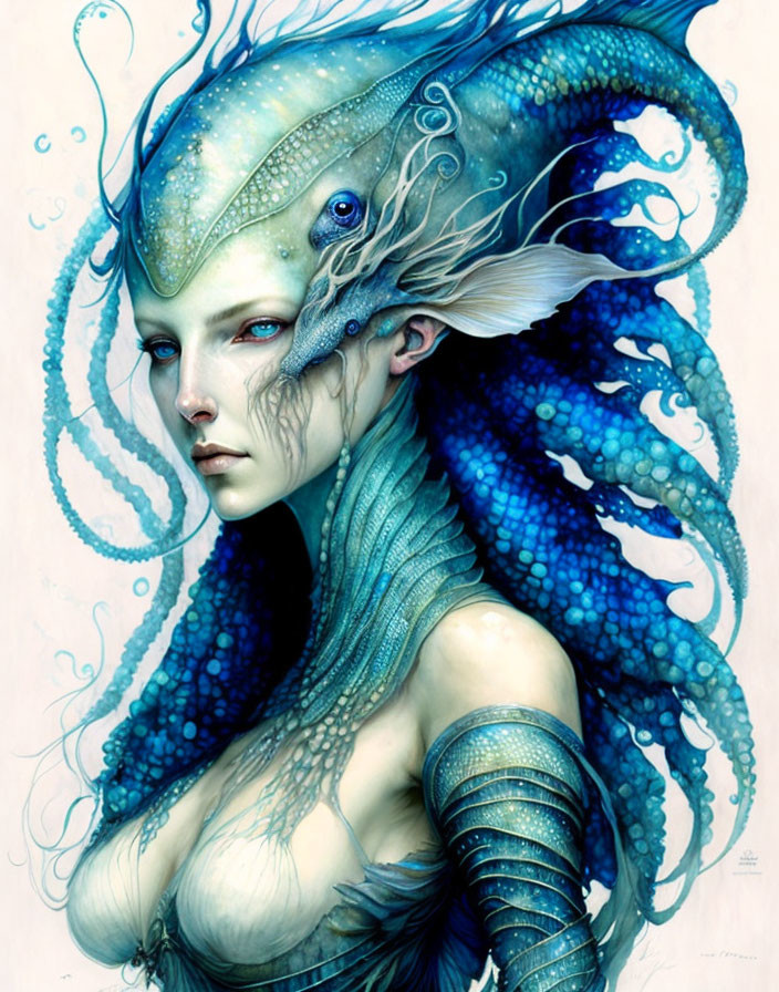 Blue-Toned Mermaid with Intricate Scales and Aquatic Hair