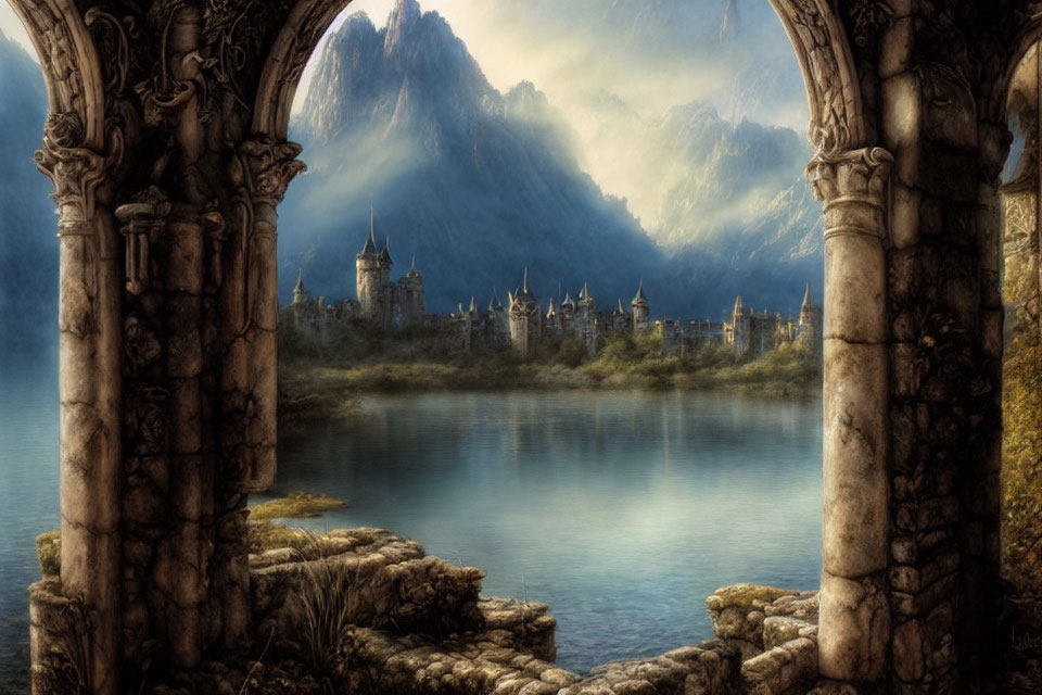 Castle by Lake: Serene Landscape with Stone Arches & Misty Mountains