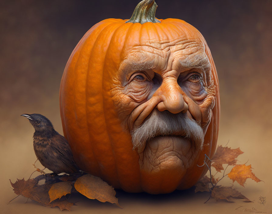 Autumn-themed artwork: Elderly man's face on a pumpkin with bird and leaves