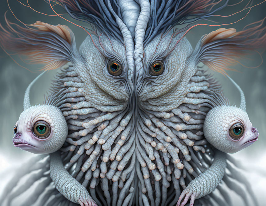 Two-headed creature with textured skin and blueish hair on blurred background