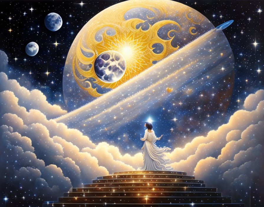 Person on golden stairs gazes at celestial scene with moon, planets, and stars