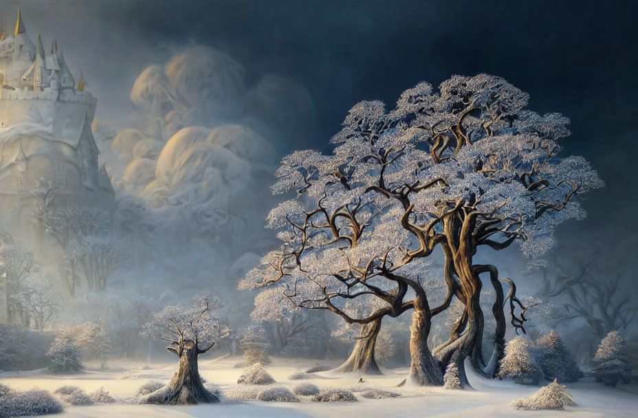 Snow-covered trees and magical castle in misty winter scene