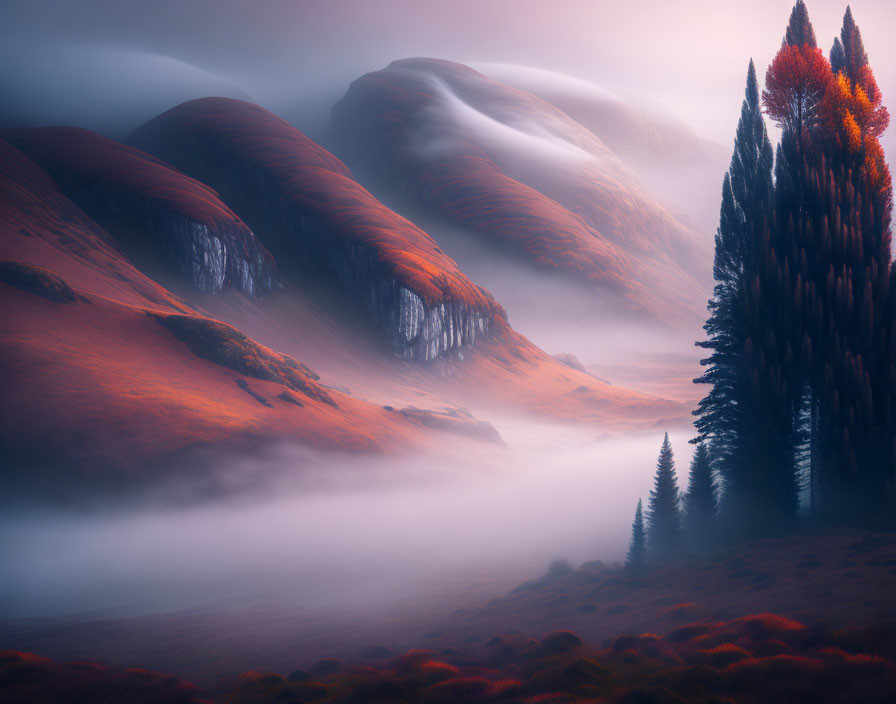 Foggy hills and autumn trees in dreamlike setting