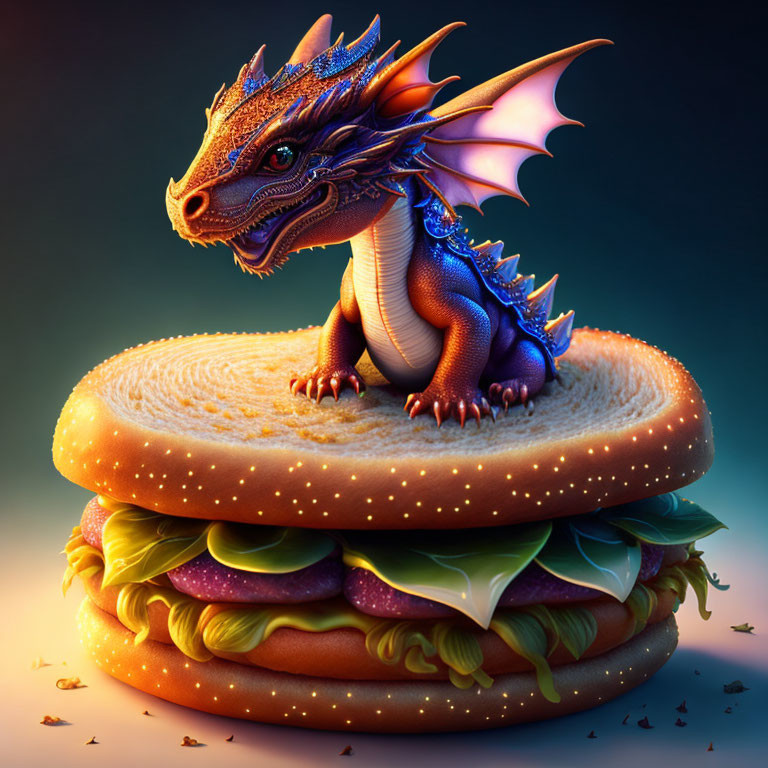 Tiny dragon with orange and blue scales on classic burger with lettuce, cheese, and meat