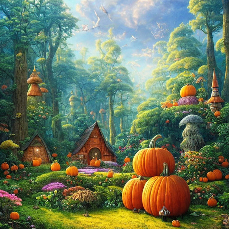 Whimsical enchanted forest with mushroom houses and vibrant pumpkins