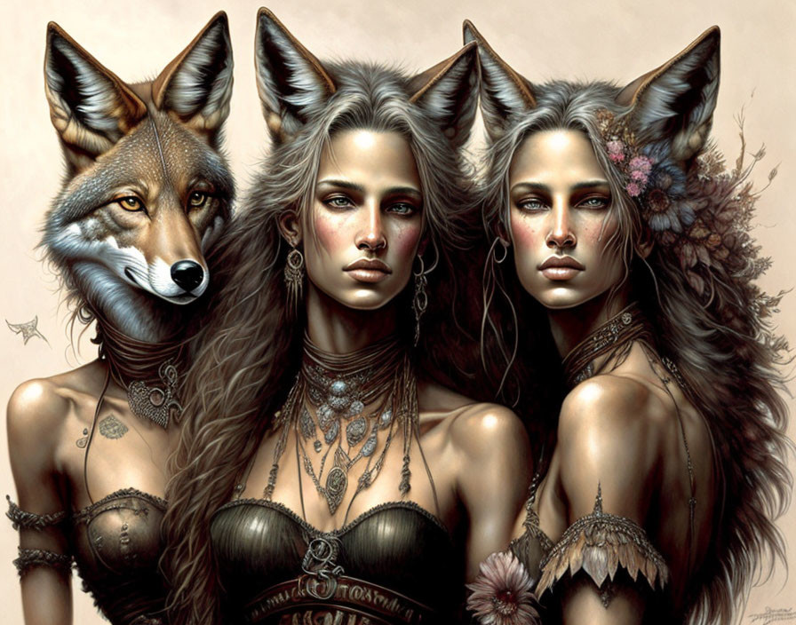 Fantasy illustration: Two women and fox with tribal jewelry