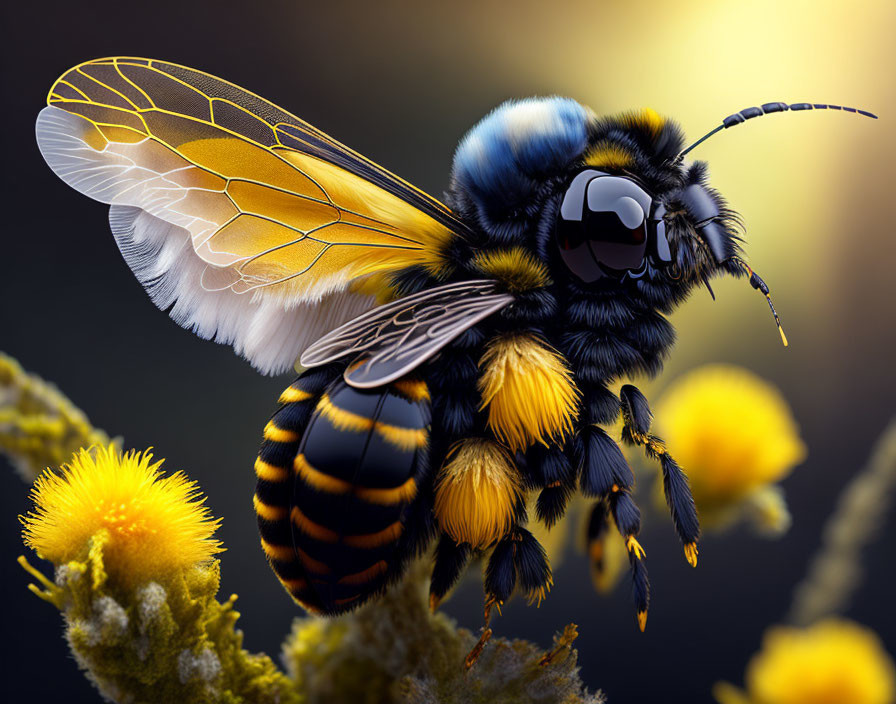 Detailed Close-Up of Bee with Yellow and Black Stripes on Yellow Flowers