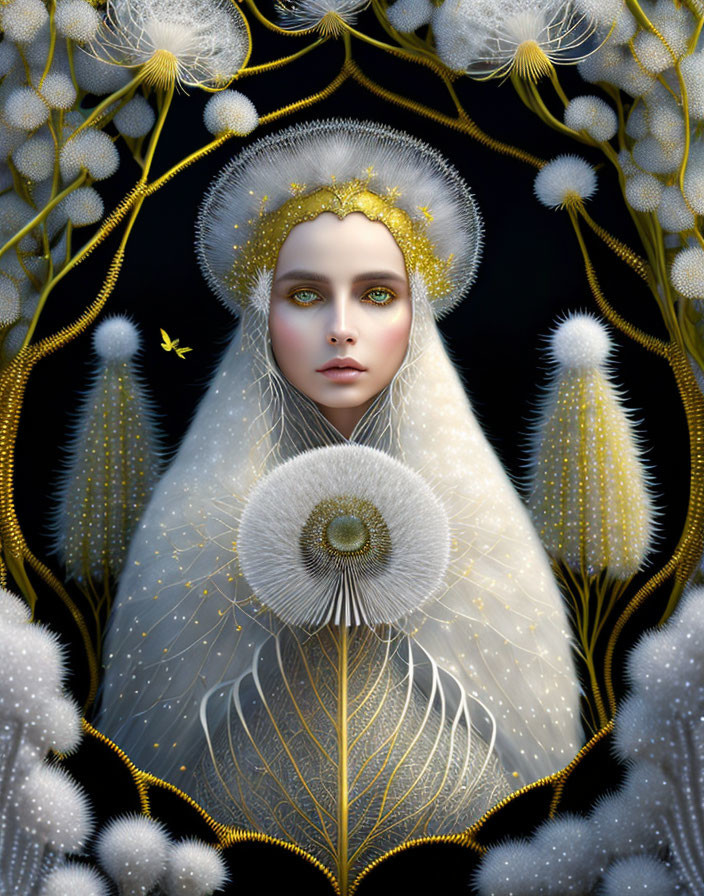 Ethereal figure with white dandelions and golden accents