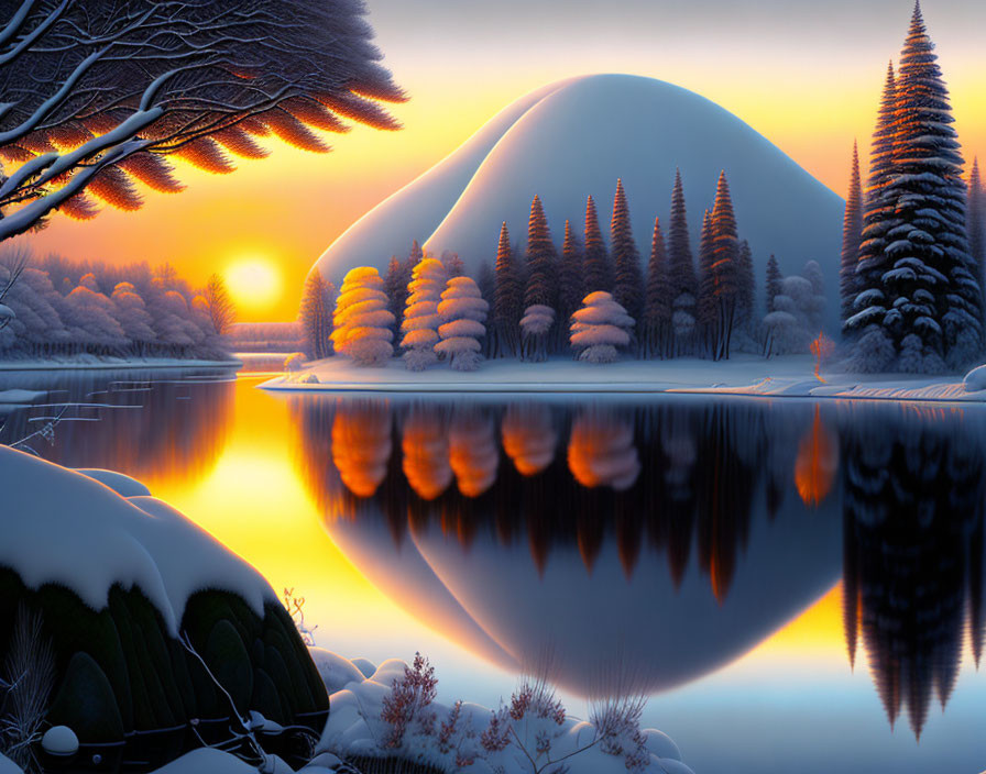 Tranquil winter sunset over snow-covered lake