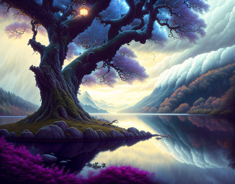 Vibrant tree with lantern in fantastical landscape