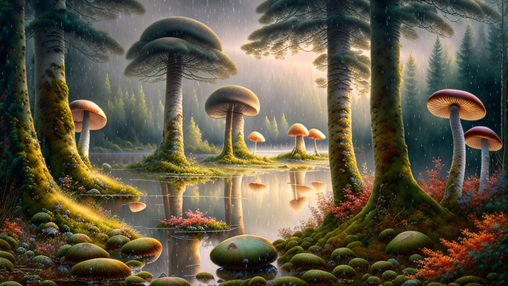 Fantastical forest scene: Oversized mushrooms by tranquil lake, rain-showered sunlight