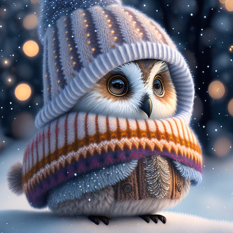 Cute Owl in Knitted Scarf and Hat Snow Scene