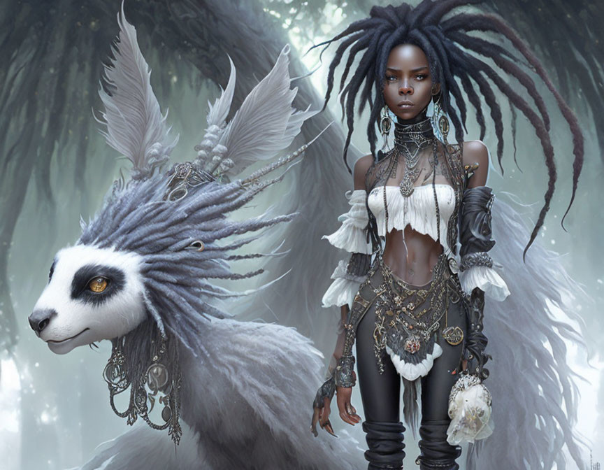 Fantasy Artwork: Woman with Intricate Jewelry & Wolf-like Creature in Misty Forest