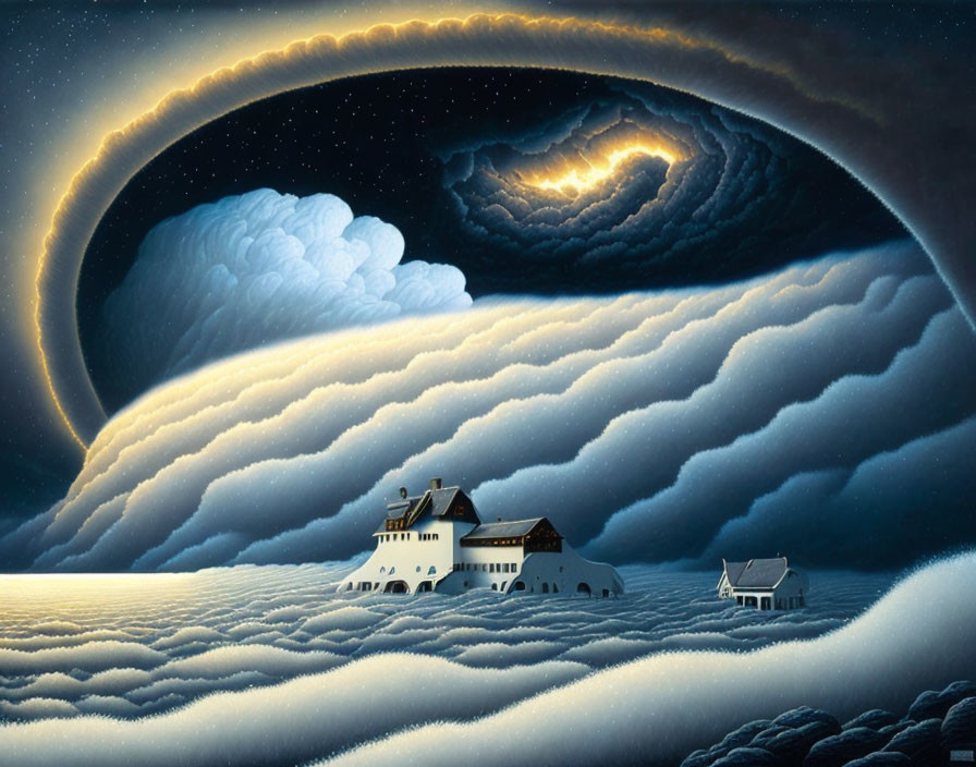 Surreal artwork: Night sky with galaxy swirl over snow-covered houses