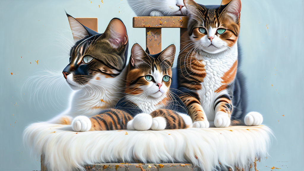 Realistic cats with blue and white color palette and letter "T