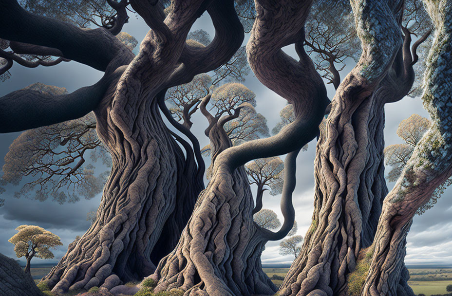 Twisted ancient trees in surreal forest scene