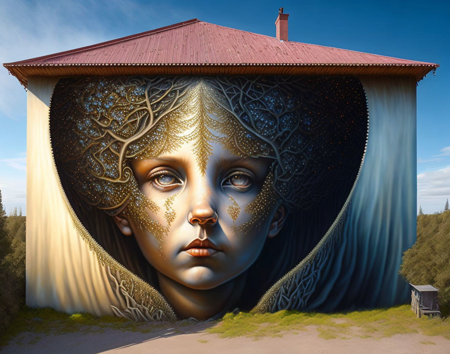 Mural of girl's face with tree branches hair in surreal landscape