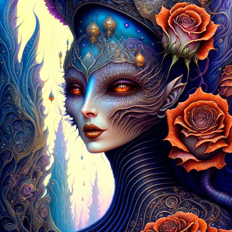 Fantasy artwork of blue-skinned female with golden adornments and ornate patterns