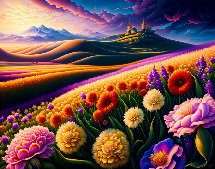 Colorful Surreal Landscape Painting with Rolling Hills and Temples