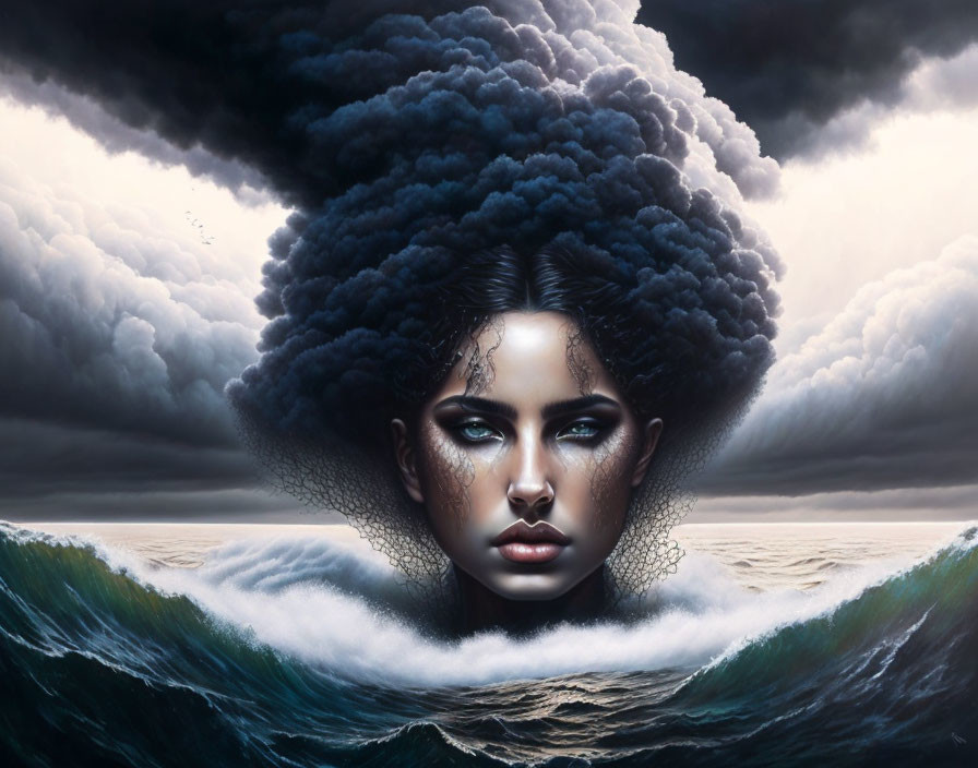 Surreal painting: woman's face merges with stormy seascape