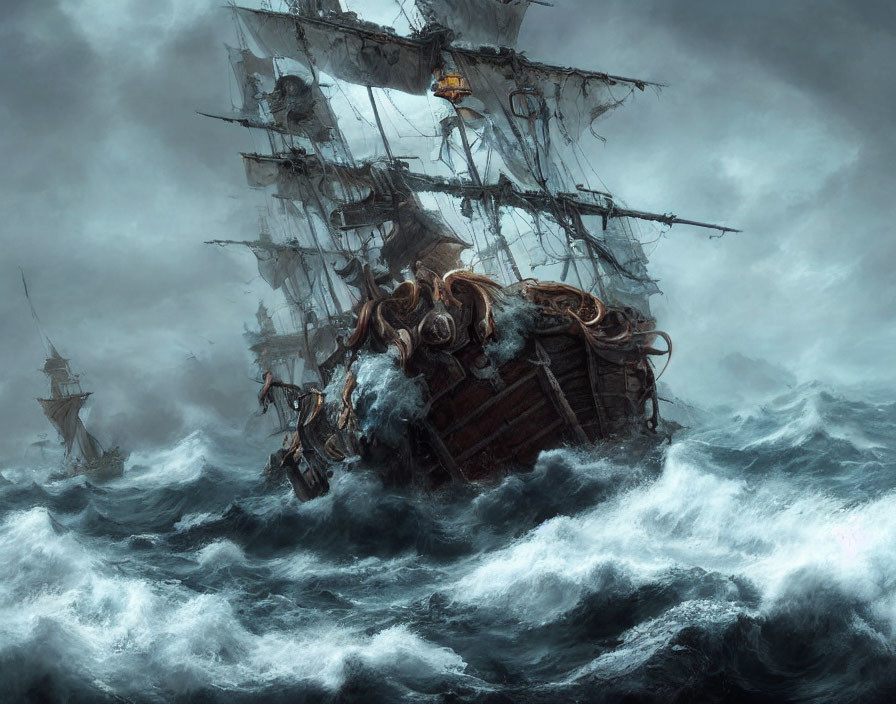 Stormy Sea with Ships, Waves, Dark Clouds, and Octopus