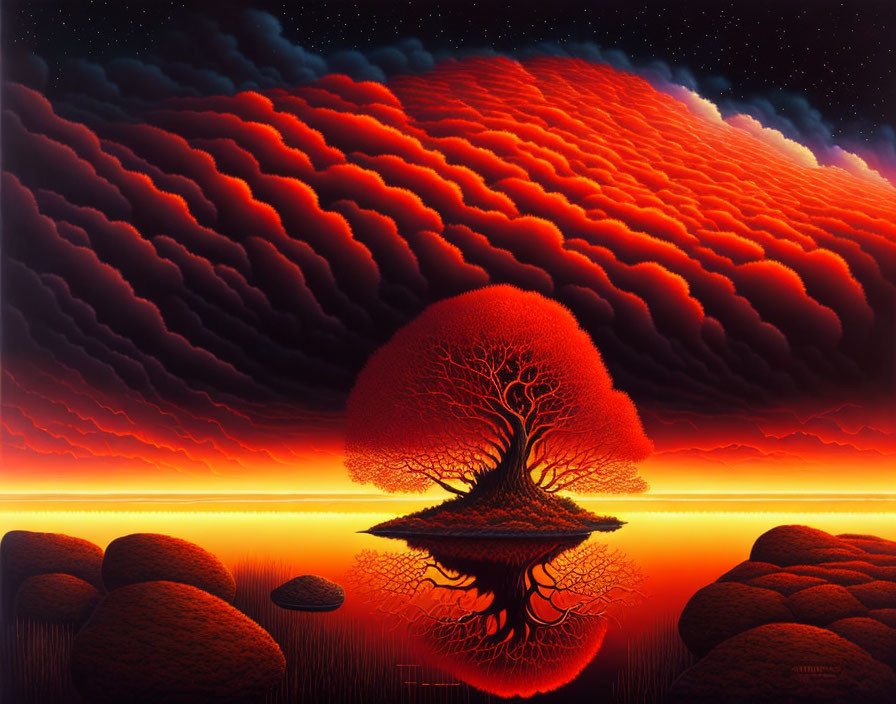 Surreal landscape with solitary tree on island under red sky