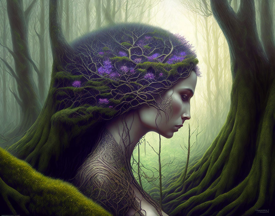 Woman with tree-like headdress in misty forest scene