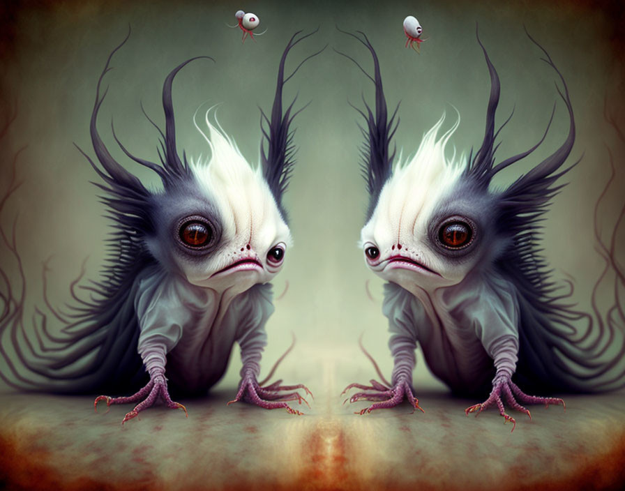 Fantastical creatures with large eyes and bird-like feet in a magical scene.