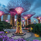 Vibrant flora and towering mushroom structures in a fantastical landscape