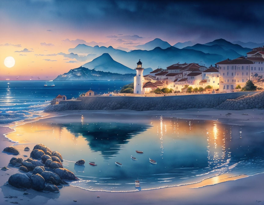 Coastal dusk scene with lighthouse, serene sea, boats, pastel sky, and distant