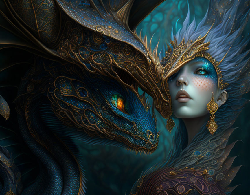 Fantastical artwork: Woman with blue and gold headgear next to dragon with orange eyes