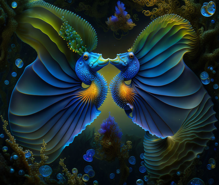 Colorful digital artwork: Two fantastical fish in intricate underwater scene